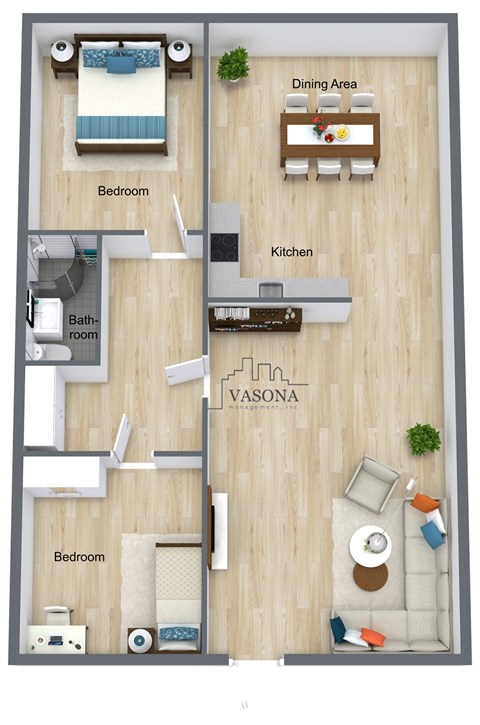Floor plan for 2 beds, 1 bath, 850 sqft